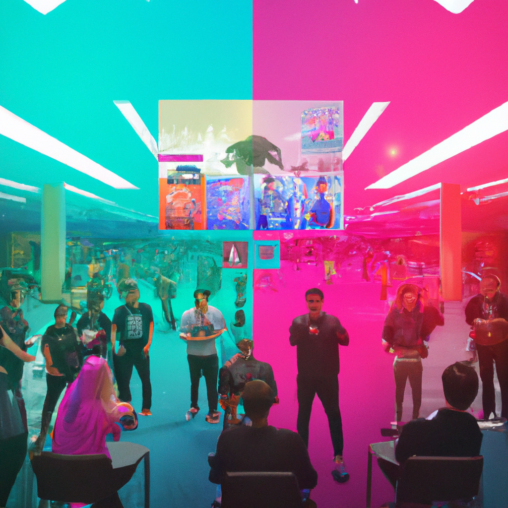 NeonArcade hero showcase: players in a vaporwave tournament lobby